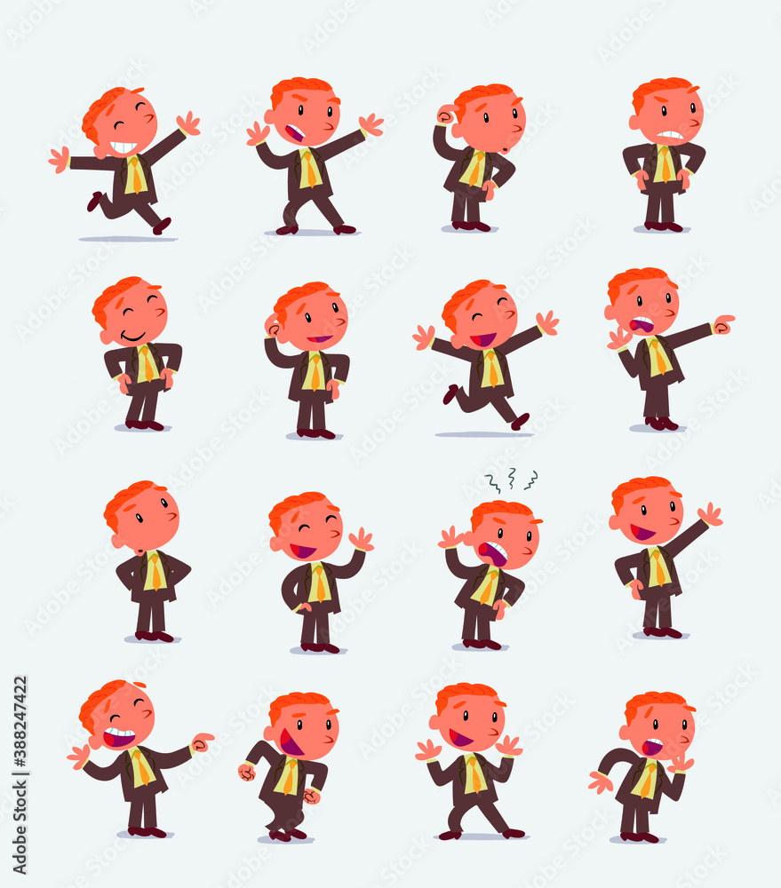 Cartoon character businessman in smart casual style. Set with different postures, attitudes and poses, doing different activities in isolated vector illustrations.