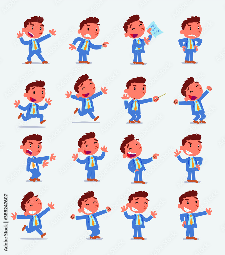 Cartoon character businessman in smart casual style. Set with different postures, attitudes and poses, doing different activities in isolated vector illustrations. Cartoon character businessman in smart casual style. Set with different postures, attitudes and poses, doing different activities in isolated vector illustrations.