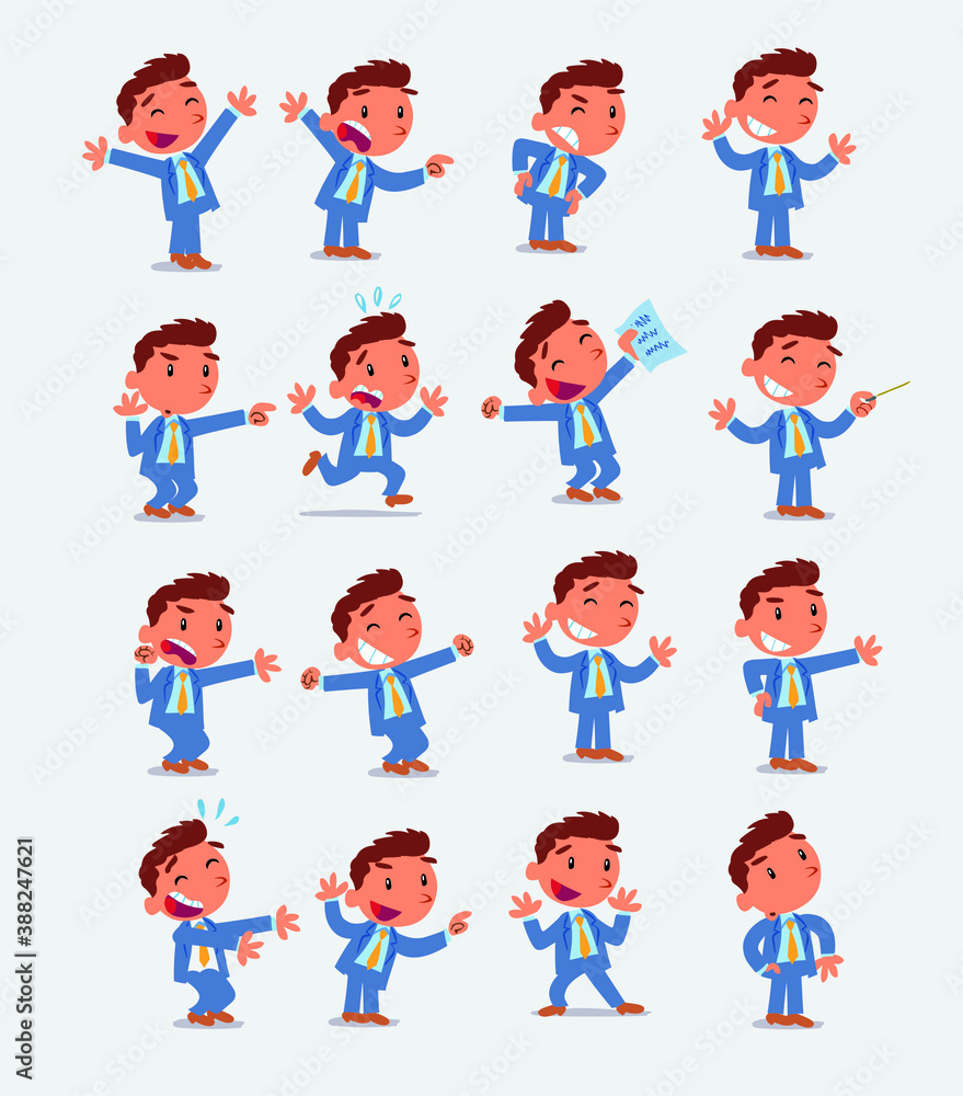 Cartoon character businessman in smart casual style. Set with different postures, attitudes and poses, doing different activities in isolated vector illustrations. Cartoon character businessman in smart casual style. Set with different postures, attitudes and poses, doing different activities in isolated vector illustrations.