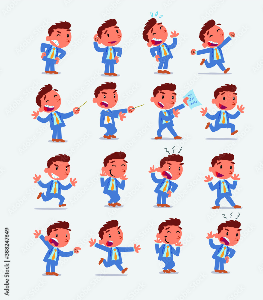 Cartoon character businessman in smart casual style. Set with different postures, attitudes and poses, doing different activities in isolated vector illustrations.