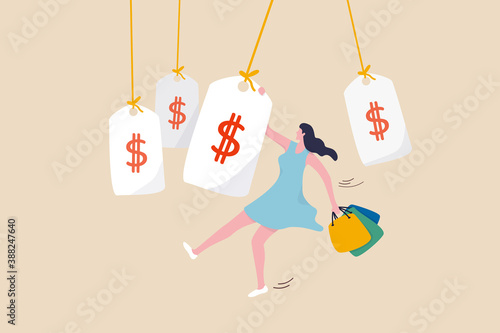 Shopping promotion, consumerism, happiness of buying stuffs, clothes or fashion for lady concept, happy young cute lady wearing beautiful stylist dresses holding shopping bags hung on sale price tag.