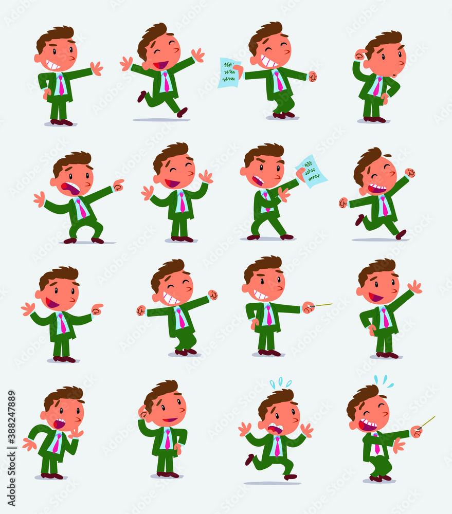 Cartoon character businessman in smart casual style. Set with different postures, attitudes and poses, doing different activities in isolated vector illustrations.