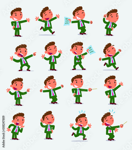 Cartoon character businessman in smart casual style. Set with different postures  attitudes and poses  doing different activities in isolated vector illustrations.