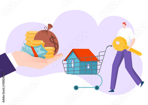 Mortgage investment in real estate, house in cart, buy home property vector illustration. Person woner character with apartment in trolley. Male buyer shop cartoon ownership, purchase deal. photo