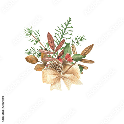 Watercolor Christmas illustration composition. Winter card. Composition of plants and dried flowers. Christmas greetings.