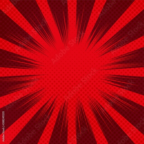 Pop art red background. Comic cover with halftone and sunburst 