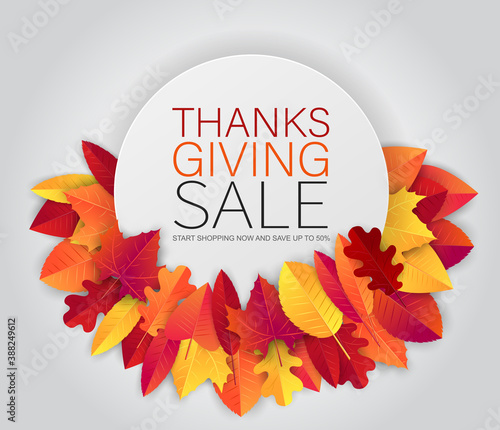 Thanksgiving sale banner design. Fall november traditional american holiday. Background with red and orange leaves. Vector illustration.