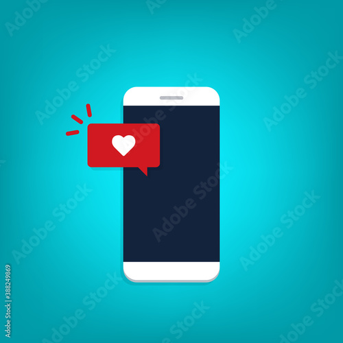 Free Download Vector illustration smartphone with heart emoji speech bubble get message on screen. Social network and mobile device concept. Flat design for print, websites, web banner. - GFXLoad