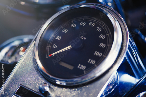 Motorcycle speedometer on the open road