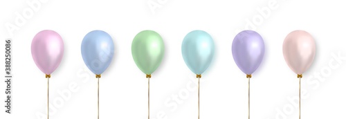 Balloon set for decoration. Realistic vector clipart. Colorful balloons in pastel color with gold ribbon and bow isolated on white background.