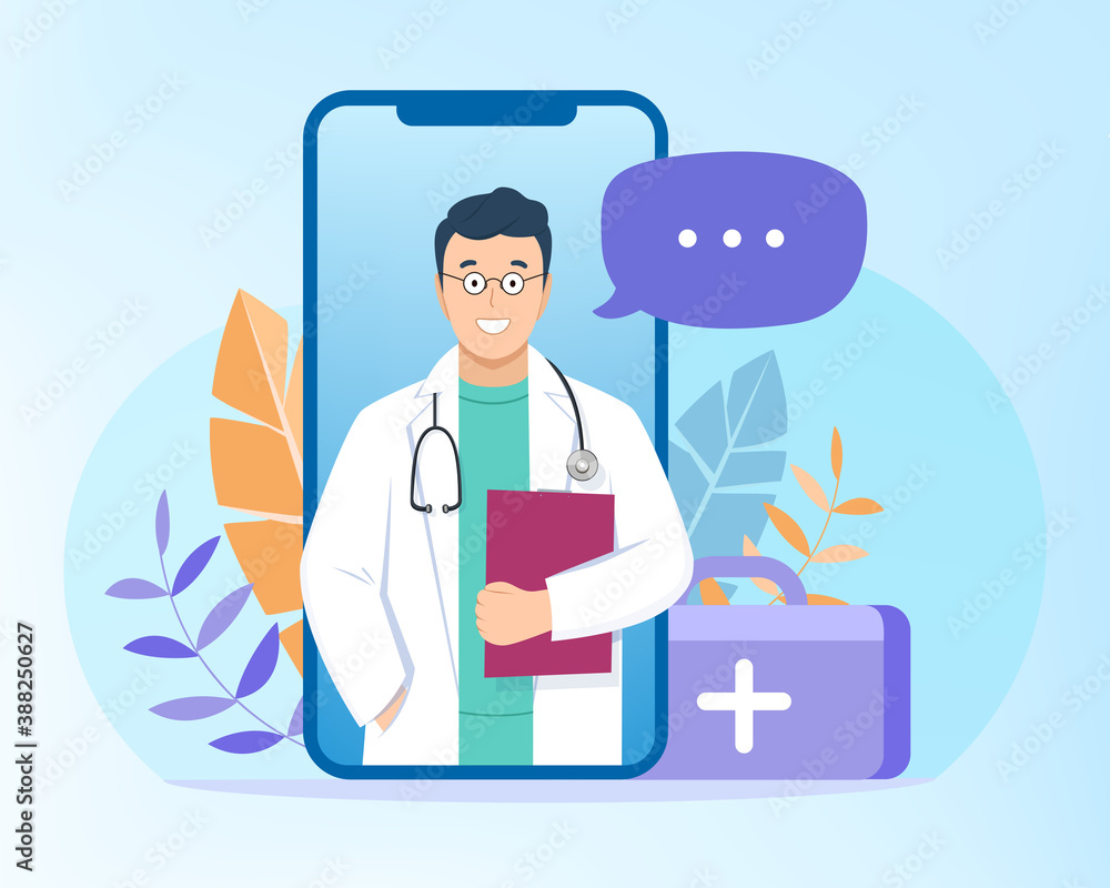 Online doctor consultation, diagnostics, advice or support of patient over the internet, video call on mobile phone. Flat design concept healthcare application for website. Medical health service.