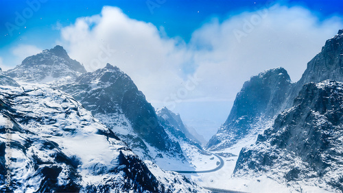 3D render - Mountain in Winter Snow Rocky Peaks Clouds in Winter  Mountain peak scene.