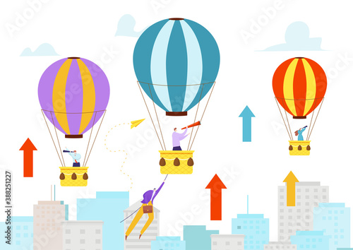 Success project work  business people in air balloon vector illustration. Businessman manager leadership in job  cartoon professional innovation. Man employee character with flat idea concept.