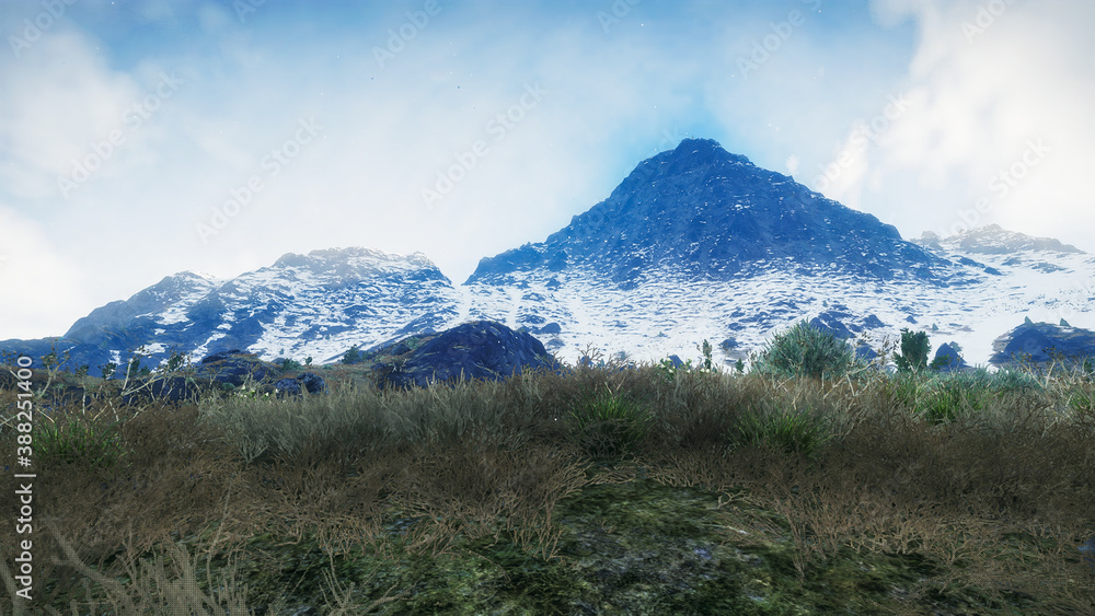 3D render - Mountain in Winter Snow Rocky Peaks Clouds in Winter, Mountain peak scene.