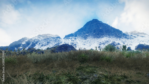 3D render - Mountain in Winter Snow Rocky Peaks Clouds in Winter, Mountain peak scene.