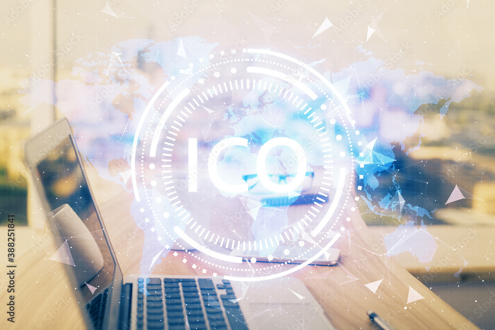 Double exposure of blockchain theme hologram and table with computer background. Concept of bitcoin crypto currency. Double exposure of blockchain theme hologram and table with computer background. Concept of bitcoin crypto currency.