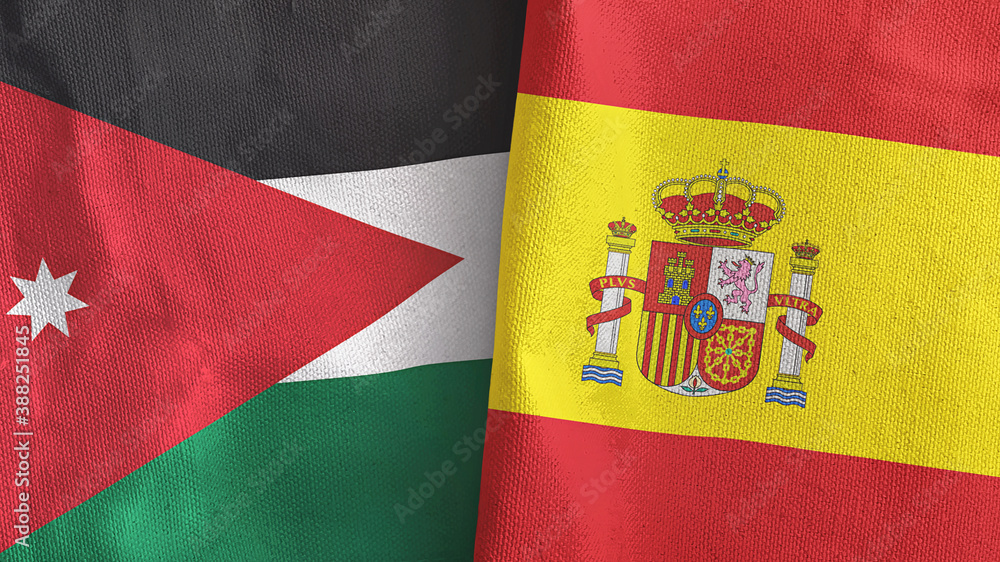 Fototapeta premium Spain and Jordan two flags textile cloth 3D rendering