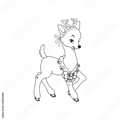 Girl deer illustration. Bell icon for Christmas and New Year celebrations. Ribbon symbol. Vector graphics for advertising decoration and children s coloring.