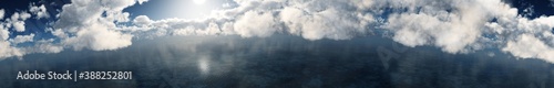 Panorama of clouds over the water, cloudy landscape over the sea, 3D rendering 
