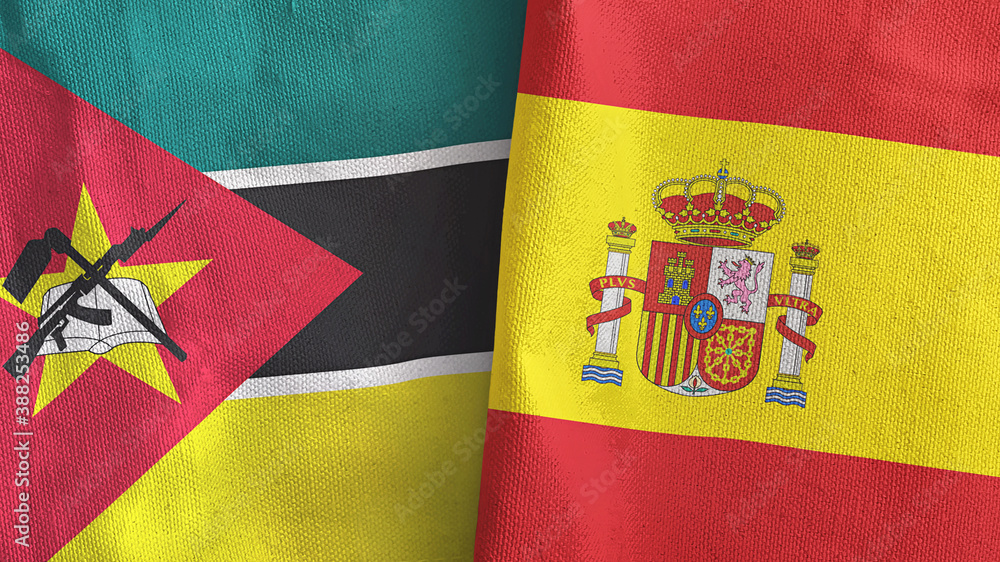Fototapeta premium Spain and Mozambique two flags textile cloth 3D rendering
