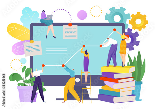 Teamwork diagram development, infographic finance research and analysis vector illustration. Strategy planning chart at laptop, discussion for growth and leadership. Man woman analyzing solution.