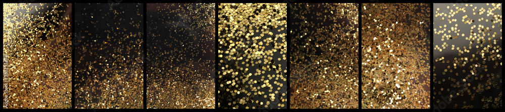 Gold (bronze) glitter shine dots confetti on black. Abstract light blink sparkle horizontal backgound. - obrazy, fototapety, plakaty 