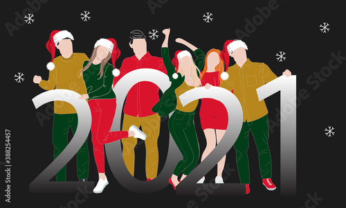 Party, people and new year holidays concept - women and men celebrating new years eve 2021