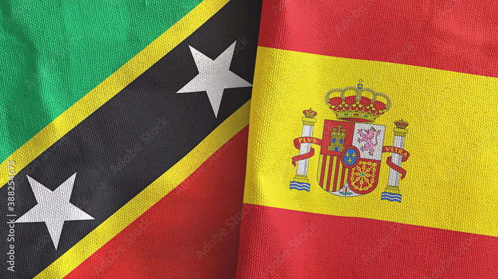 Fototapeta premium Spain and Saint Kitts and Nevis two flags textile cloth 3D rendering