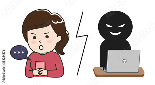 Young lady is tricked by a fake website on a tablet or smartphone. Vector illustration isolated on white background.	