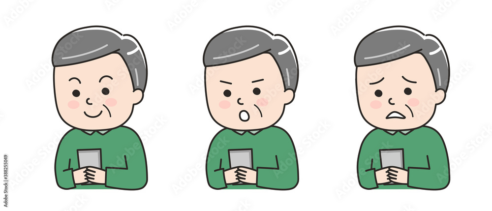 Different expressions of a man using a smartphone. Vector illustration isolated on white background.