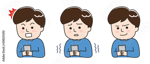 Facial expressions of a young man using a smartphone in a bad situation. Vector illustration isolated on white background.