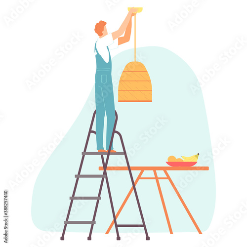 Electrician worker standing on the stairs hangs a chandelier. Man making house or home apartment interior renovation. Cartoon flat man builder character. Vector illustration.