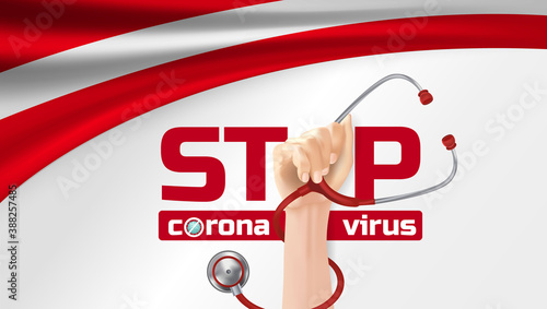 Stop covid-19. Stop corona virus. mask. Protest with raised arm fist to stop Covid's disease. Cheers for doctors fighting COVID-19 disease in Austria. Covid-19 protection.Hand holding Stethoscope.