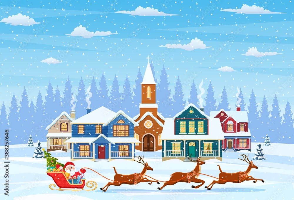 A house in a snowy Christmas landscape. Santa Claus on a sleigh. concept for greeting or postal card. Merry christmas holiday. New year and xmas celebration