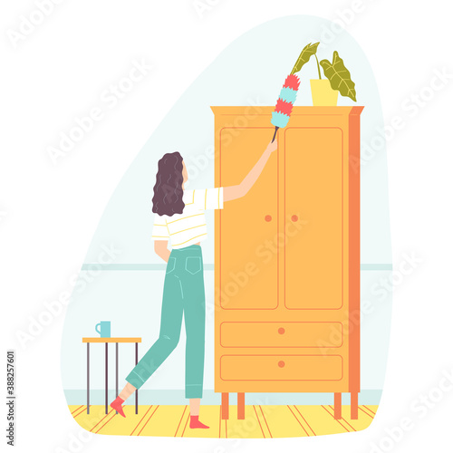 Young woman dusting with the help of cleaning sweep. Housework concept . Vector illustration for banners, posters, postcard . Cartoon style