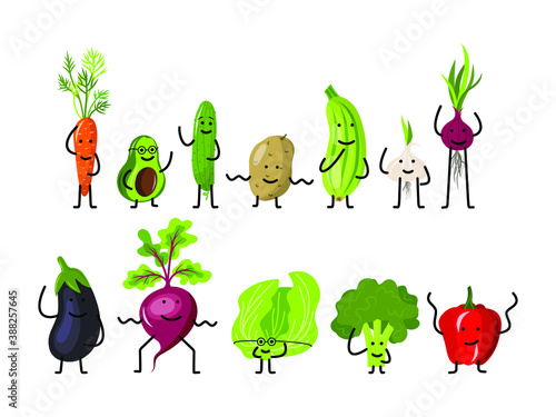 Funny vegetables with text balloons go hand in hand one after another. Vector vegetable isolates in cartoon style. Vitamins. Handwriting
