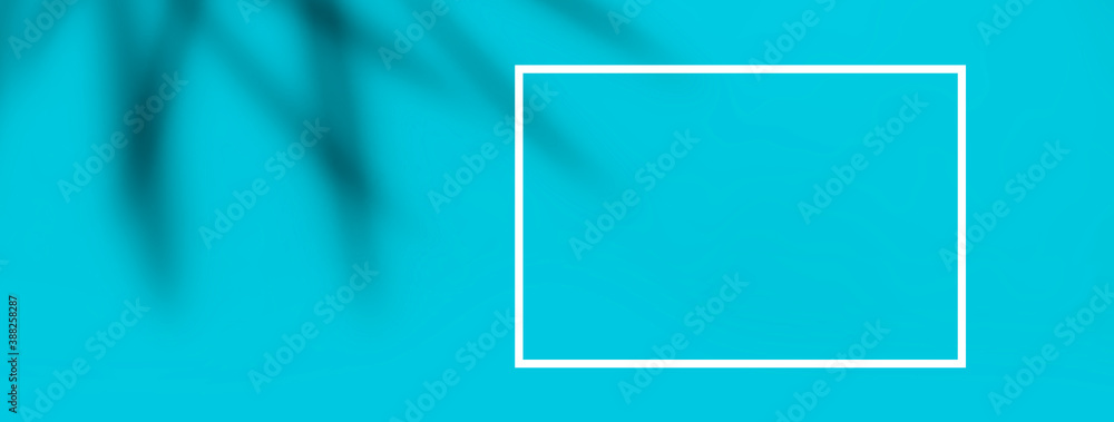blue turquoise empty banner background with blur coconut leaf shadow and white frame with space for text blue turquoise empty banner background with blur coconut leaf shadow and white frame with space for text