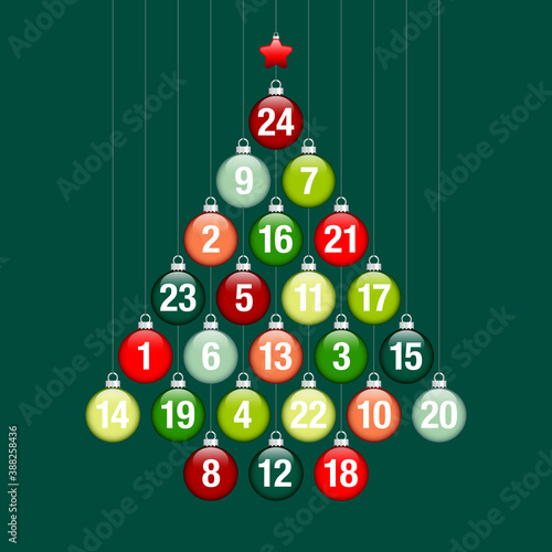 Adventskalender Abstrakter Weihnachtsbaum Hängende Glänzende Kugeln Grün Rot Silber