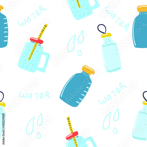 Hand drawn seamless pattern of bottle and jar of water. Cute flat illustration.