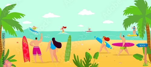 Vacation at summer beach, vector illustration. People character surfing at sea, woman man surfer character with cartoon surfboard. Ocean tropical sport, water travel at board, holiday leisure.