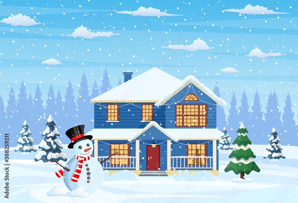 Suburban house covered snow. Building in holiday ornament. Happy new year decoration. Merry christmas holiday. New year xmas celebration. Vector illustration