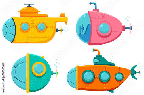 Underwater boat,ship and submarine vector cartoon set isolated on a white background.