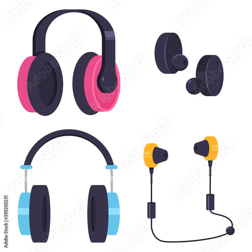 Earphones and headphones vector cartoon set isolated on white background.