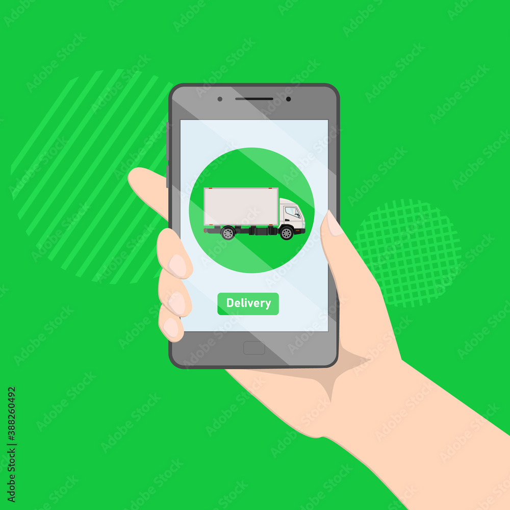 Hand holds a smartphone. On the smartphone screen, a mobile application for the delivery of goods. Vector illustration Hand holds a smartphone. On the smartphone screen, a mobile application for the delivery of goods. Vector illustration