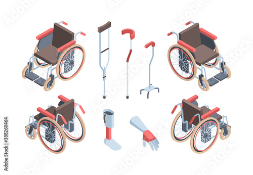 Wheelchairs rehabilitation means isometric. Modern crutches for locomotion artificial limb simulators medical special equipment people with disabilities comfortable orthopedic seats . Vector support.