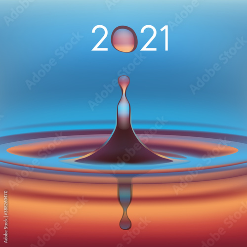 Carte de voeux écologique avec une goutte d’eau en suspension, symbole de pureté, qui forme le zéro de l’année 2021.