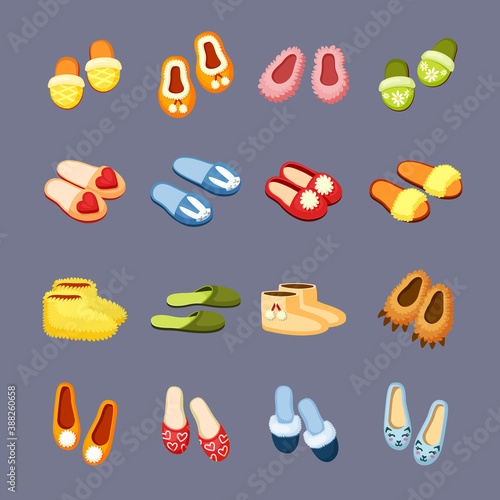 Cozy slippers set. Yellow fur ugg boots stylish blue booties with cat faces comfortable green with drawing chamomile creative in form bear paws warm brown pompoms and red hearts. Cartoon vector.