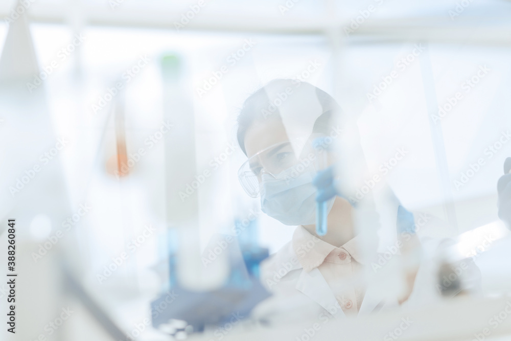 through the glass. female scientist sitting at a laboratory table. through the glass. female scientist sitting at a laboratory table.