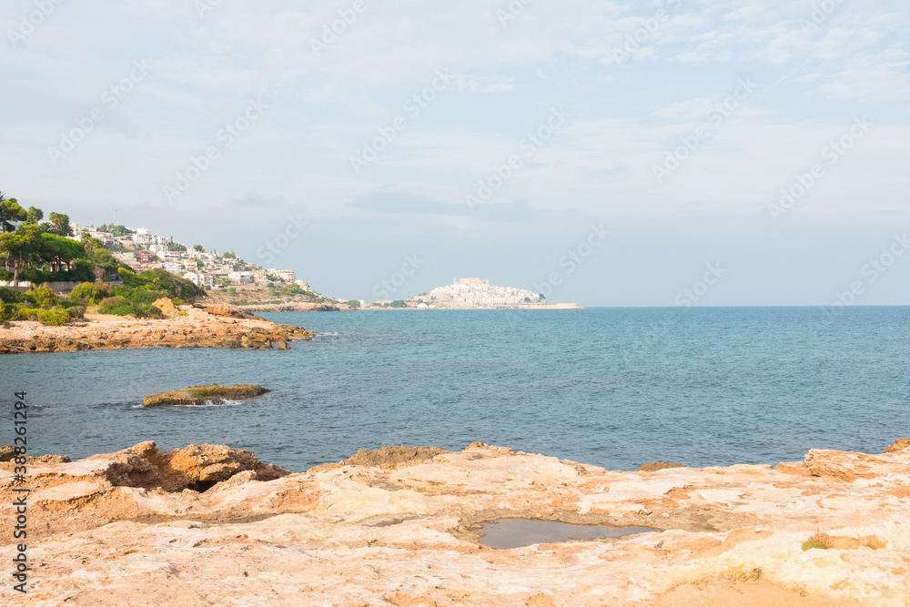 Peniscola seascape. Beautiful shot of the Costa del Azahar in Spain. Perfect holiday spot on the mediterranean coast.