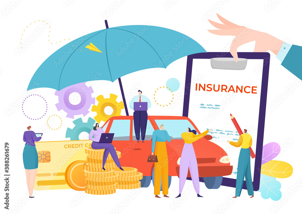 Fototapeta premium Insurance policy management, claim for team plan vector illustration. Protection and safety service, security help teamwork. Guarantee property and agent application, checklist at clipboard.